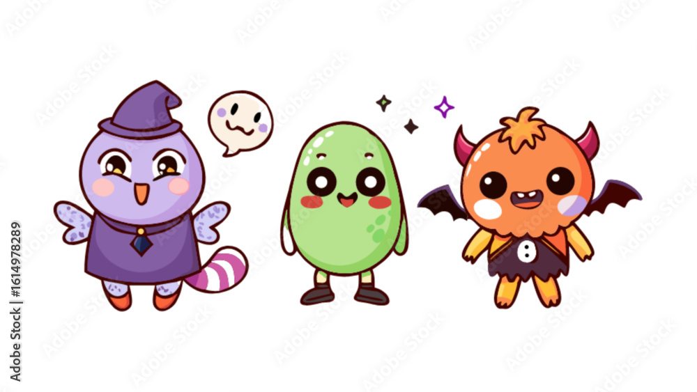 Obraz premium Cute halloween characters vector illustration witch ghost and devil design for party invitation card