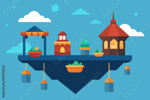 Floating island oasis with stylized buildings and plants