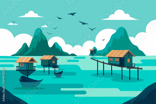Serene tropical village with stilt houses and flying birds
