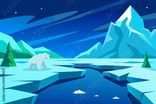 Polar bear navigates icy arctic landscape under starry night sky