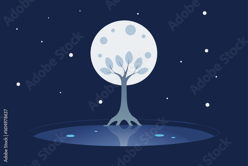 Stylized tree under a full moon reflected in water