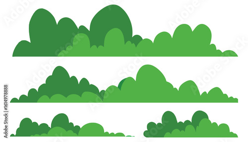 Set of bushes vector illustration. Various green bush and grass elements collections. Bush cartoon tree isolated on white. Green grass silhouette. Lines of plants, shrubs for boarding and framing