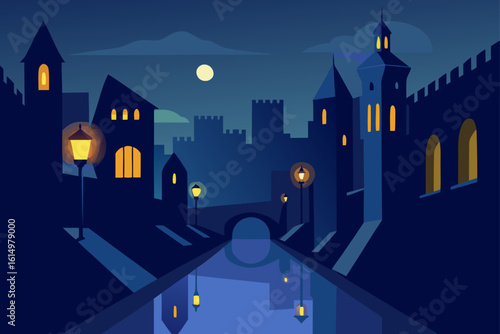 Enchanting european canal cityscape at night with warm streetlights