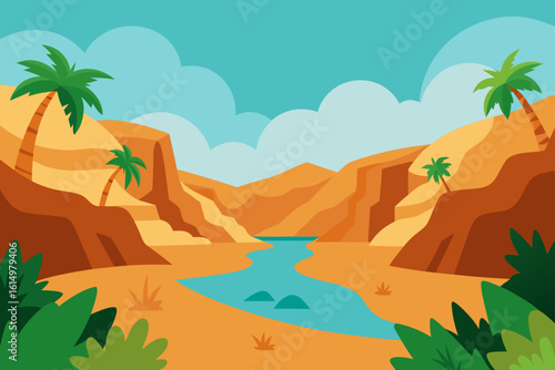 Desert oasis with palm trees and a winding river