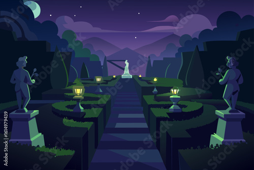 Enchanting formal garden at night with statues and lanterns