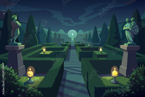 Enchanting nighttime garden maze with statues and lamps