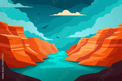 Stylized grand canyon with turquoise river and birds