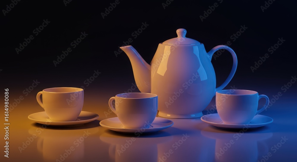 Fototapeta premium Elegant white teapot and cups on a gradient background display