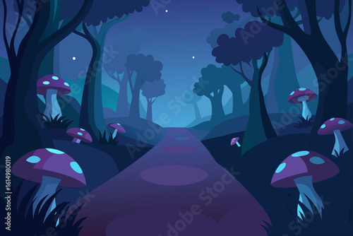 Enchanting mushroom forest path at twilight