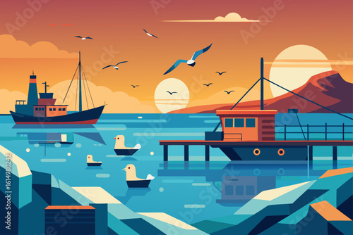 Coastal harbor scene with boats and seagulls at sunset