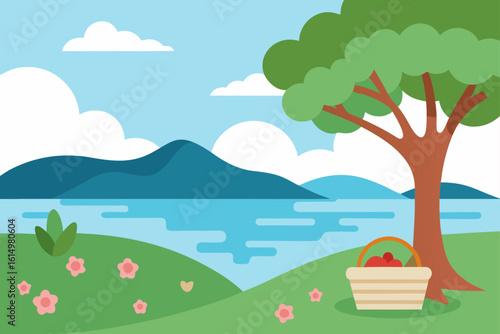 Peaceful lakeside picnic scene with a basket of apples
