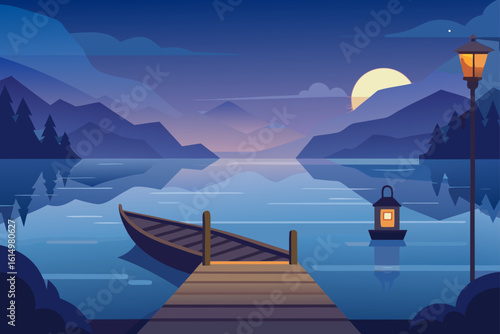 Serene lakeside evening with boat and lantern