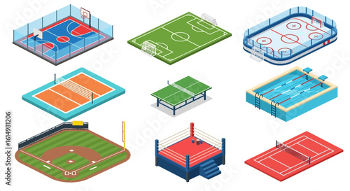 Isometric illustration featuring a variety of sports fields: basketball court, soccer field, ice hockey rink, volleyball court, ping pong table, swimming poo...