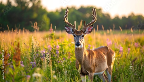 Wallpaper Mural Majestic white-tailed buck in a sunlit meadow, wildflowers at its feet Torontodigital.ca