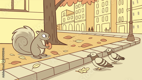 Cartoon squirrel with nut in city park with pigeons and autumn leaves vector illustration art