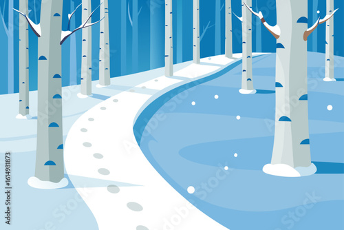 Snowy forest path with footprints and birch trees