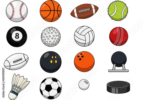 A collection of various cartoon sports balls including baseball, basketball, football, tennis ball, billiard ball, golf ball, volleyball, cricket ball, bowli...
