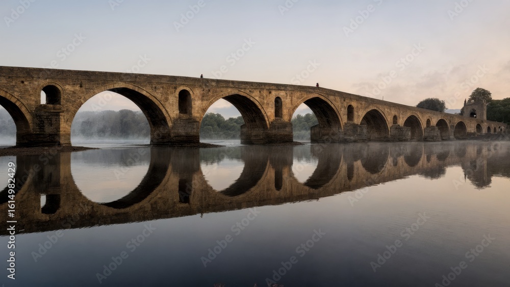 Obraz premium Ancient Bridge Over Misty River, Mystical Journey, Historic Crossroads, Timeless Passage. Perfect for historical travel, fantasy themes, philosophical concepts