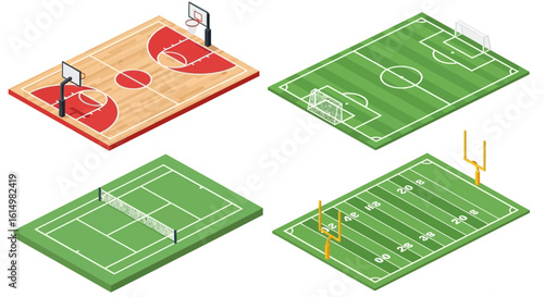 Isometric illustration featuring a basketball court, soccer field, tennis court, and American football field.