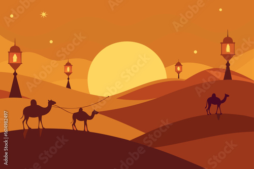 Camels traverse desert dunes under a warm sunset with lanterns