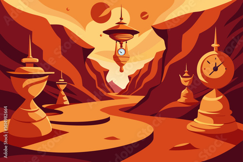 Futuristic martian landscape with alien structures and a winding path