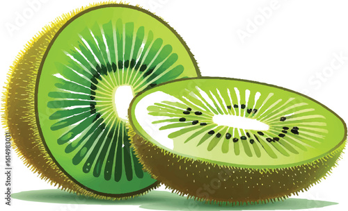 Fresh kiwi fruit illustration with green flesh and black seeds, perfect for healthy, tropical, and eco-friendly designs. Ideal for vibrant stock art projects.
