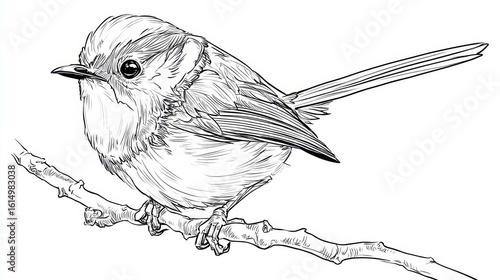Detailed line drawing of a small bird perched on a branch.
