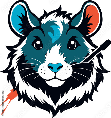 Stylized cartoon ferret mascot with blue and orange accents holding a stick against a black background