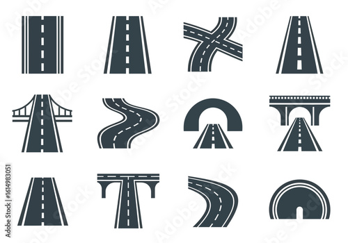 A collection of twelve road icons demonstrating various road types, including straight, curved, bridge, tunnel, and intersection designs.