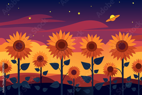 Surreal sunset with sunflowers and a ufo