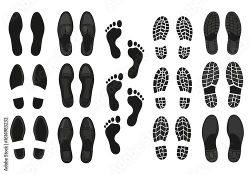 An array of black footprints and shoe sole prints in various styles, including bare feet, dress shoes, and sneakers, displayed against a white background.