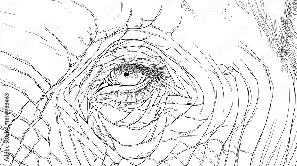 Fototapeta premium Detailed line drawing of an elephant's eye and surrounding skin.