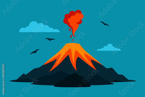 Volcano erupting with lava and smoke under a blue sky
