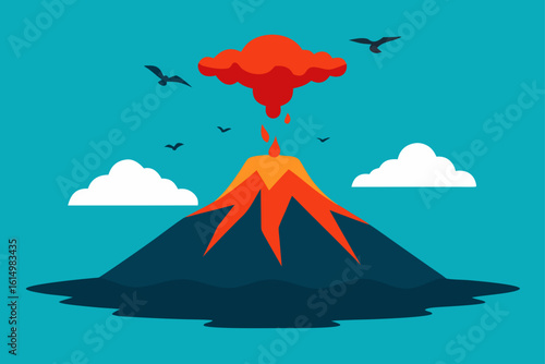 Volcano erupting with lava and ash cloud on a teal background