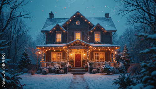 Cozy victorian house decorated with christmas lights in snowy winter evening