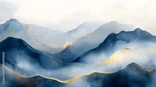 Misty mountain range, soft blue and gold hues, abstract landscape.  Delicate brushstrokes, watercolor style.  Subtle gold accents, hazy atmosphere