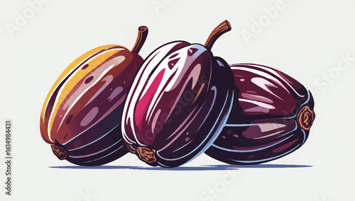 Vibrant feijoa illustration with glossy purple skin and brown stems, perfect for tropical, healthy, and eco-friendly designs. Ideal for colorful stock art.