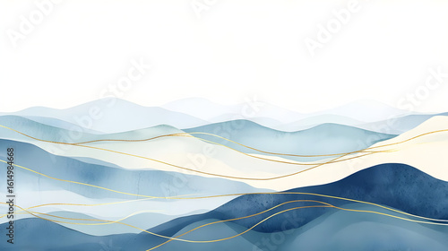 Abstract landscape painting with muted blue and white mountains,  flowing gold lines