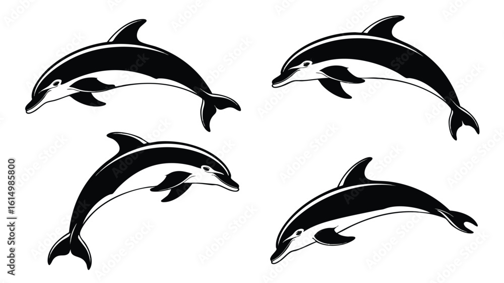 Naklejka premium AI Generate Dolphin Illustrations Black and White Aquatic Life Drawings Marine Animals Graphic Elements Design Resources