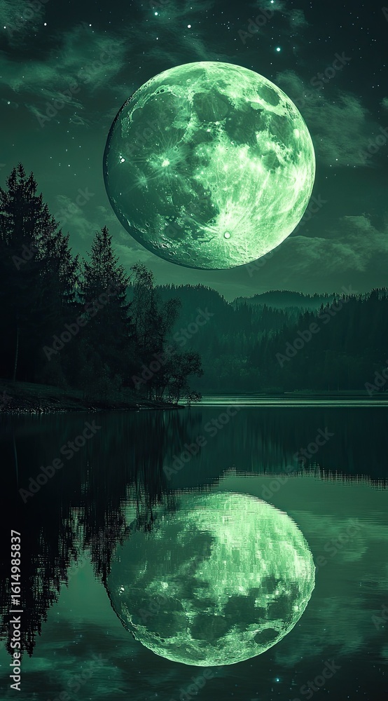 Naklejka premium A double moon in the sky, glowing green on both moons