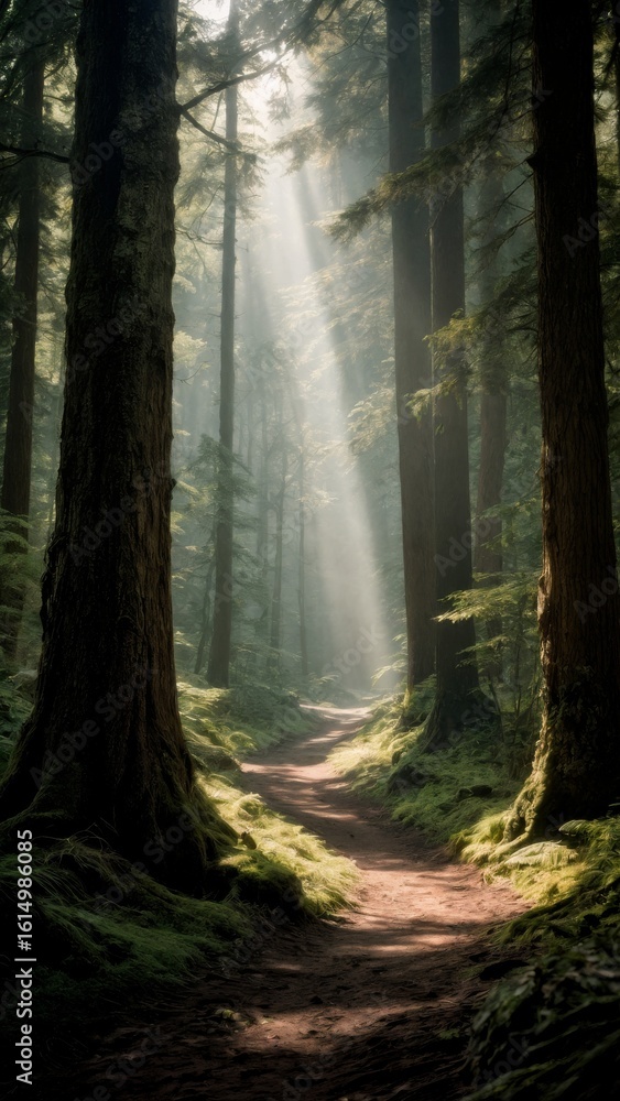 Obraz premium Ancient Forest Path, Nature's Embrace, Solitude, Rejuvenation. Ideal for wellness retreats, outdoor enthusiasts, mindfulness, vertical shot