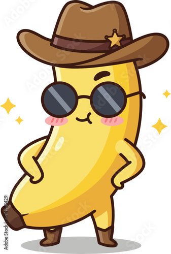 Flat vector of a naughty kawaii banana dressed as a cowboy with playful expression. Fun and quirky food character perfect for humor or children’s themes.