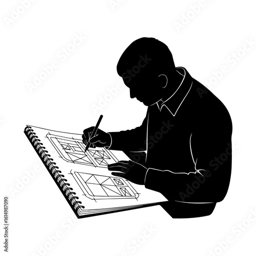 Silhouette of Architect Sketching Building Plans on Drawing Board