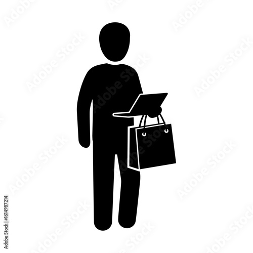 Silhouette of Person Holding Laptop and Shopping Bag Icon