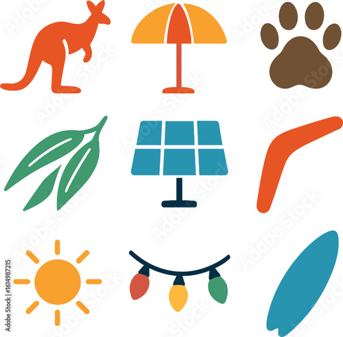 Australia travel icons, eco-tourism vector set, outback nature pack, Aboriginal symbols, eucalyptus leaf icon, t