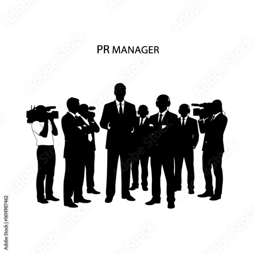 PR Manager Surrounded by Media and Press Team Silhouette