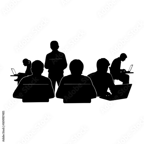 Silhouette of Office Team Working with Laptops in Workspace