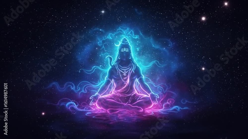Lord Shiva Meditating Figure Glowing in a Nebula and Starry Night Sky