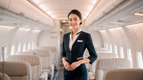 Air Hostess in Cabin, Service, Hospitality, Elegant Travel. Great for airlines, luxury services, customer experience