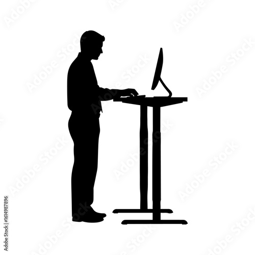 Silhouette of Man Working on Computer at Standing Desk – Office Workstation Icon